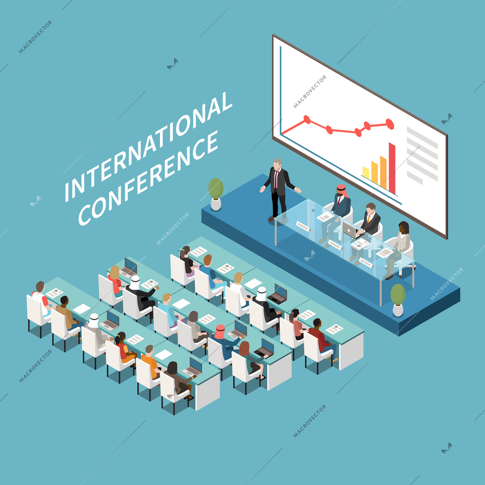 International conference hall big lcd screen presentation isometric composition with speaker and participants on podium vector illustration