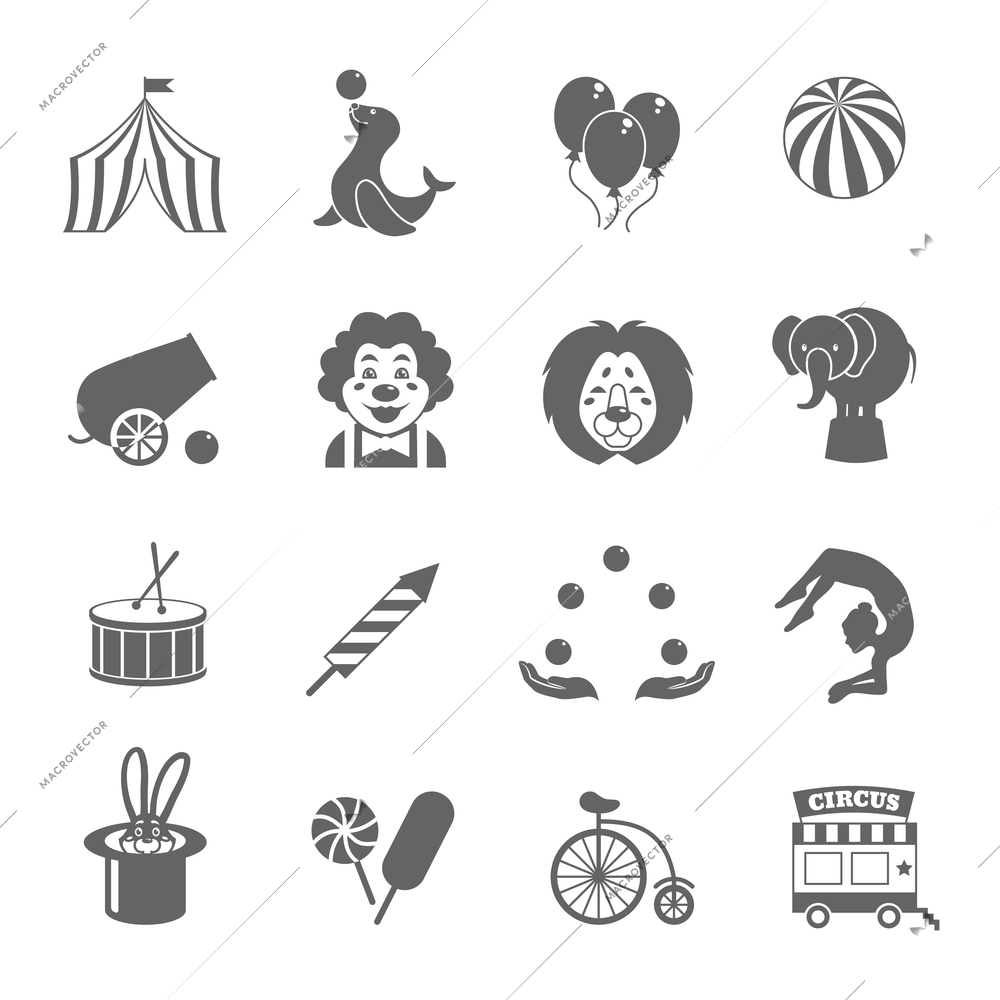 Circus graphic pictograms of juggling sealion acrobat stunt collection black icons set isolated vector illustration