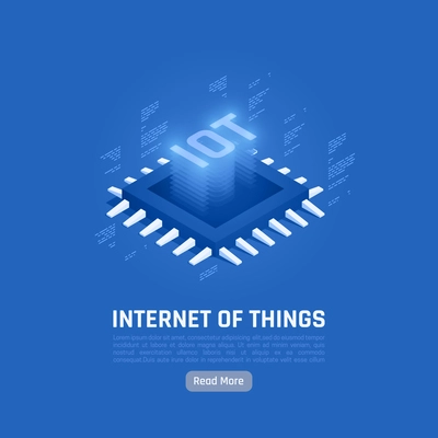 Internet of things abstract blue poster with  central processing unit isometric icon in center of background vector illustration