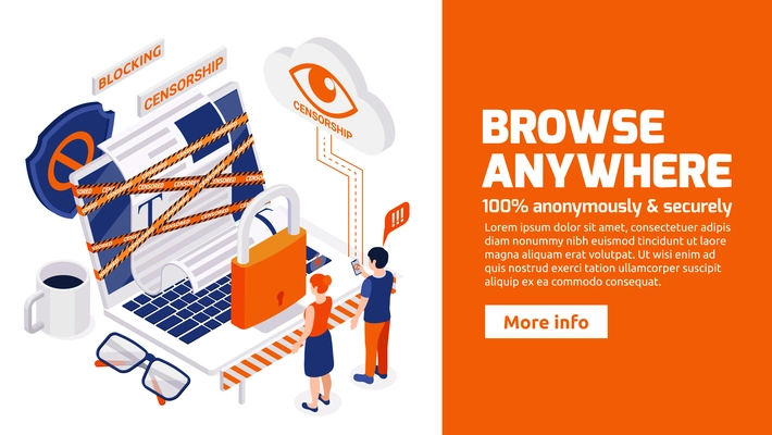 Avoiding internet censorship isometric web banner for secure anonymous browsing bypassing blocked sites and restrictions vector illustration