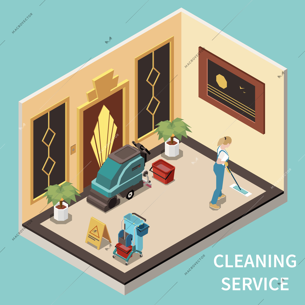 Professional janitorial service employee in uniform cleaning floor in public government building foyer isometric composition vector illustration