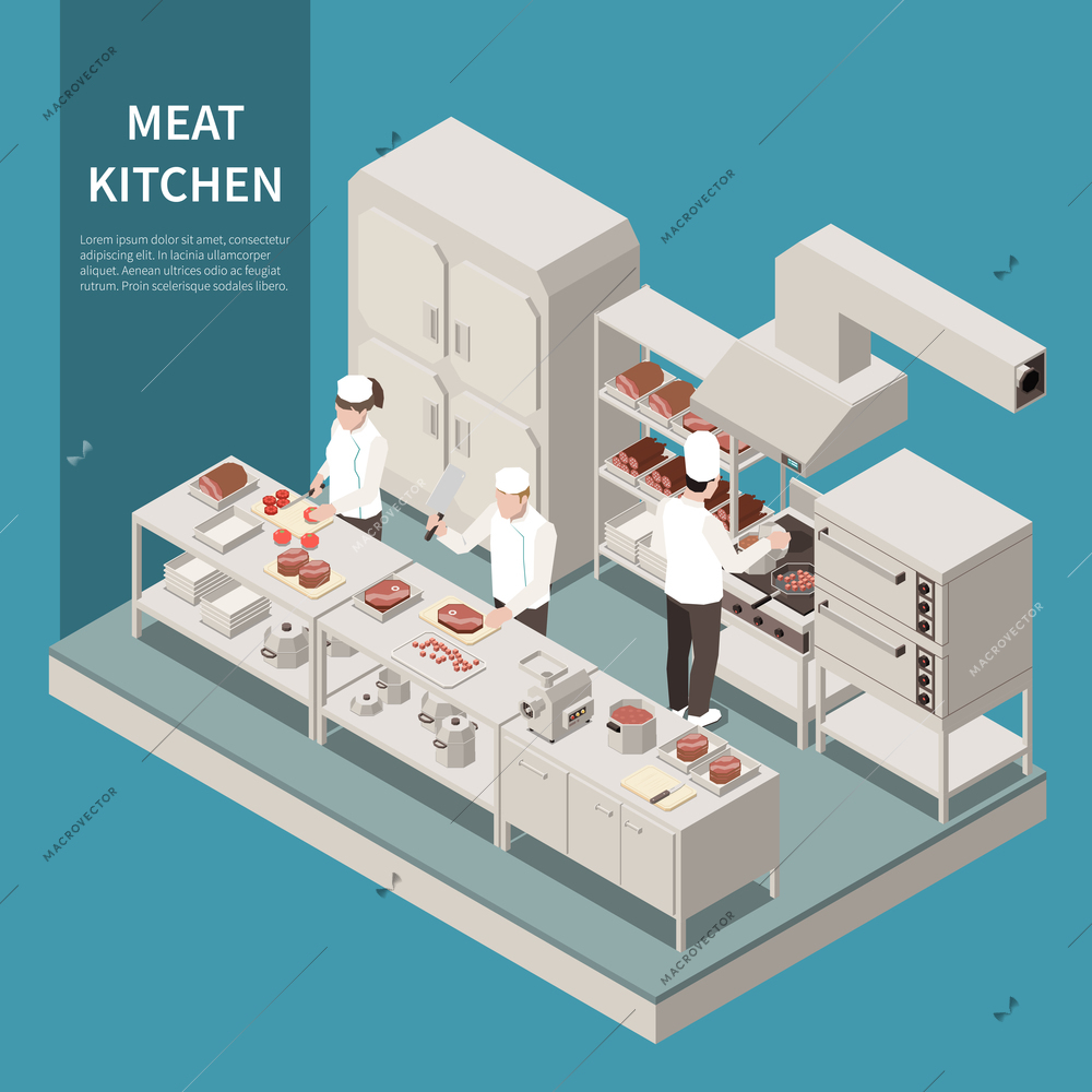 Industrial kitchen equipment isometric composition with professional cooks cutting baking grilling frying meat on range vector illustration