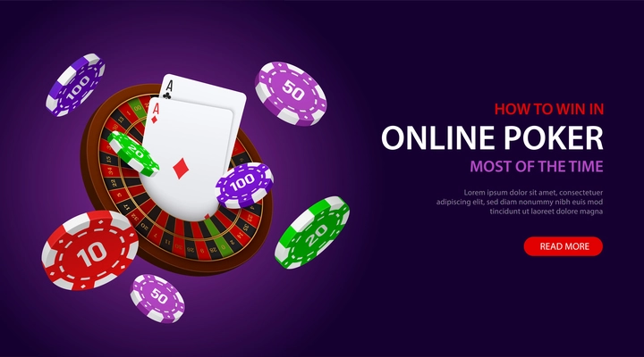 Online poker game winning realistic deep purple background horizontal banner with chips cards roulette wheel vector illustration