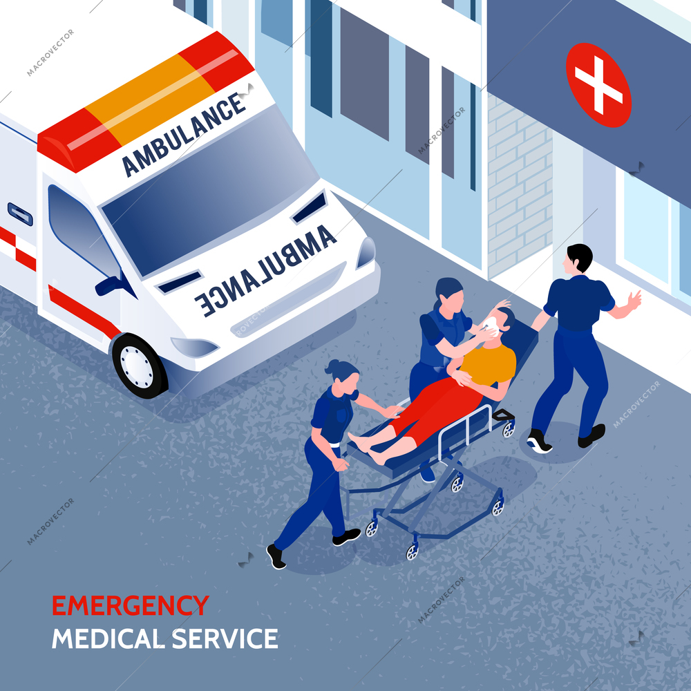 Unconscious person on cart and three ambulance men near hospital 3d isometric vector illustration