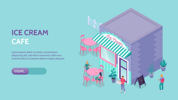 Isometric horizontal banner with ice cream cafe building outdoor seating and customers 3d vector illustration
