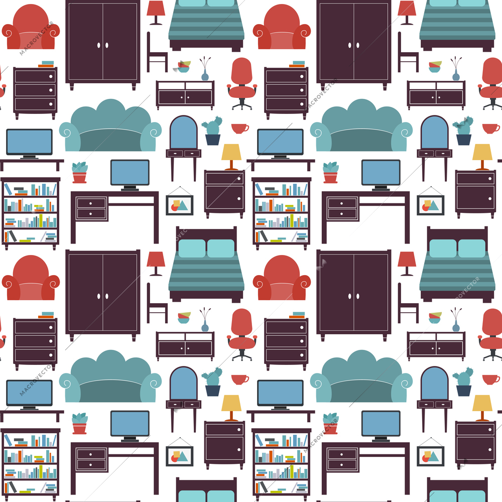 Furniture seamless pattern of wardrobe armchair closet isolated vector illustration