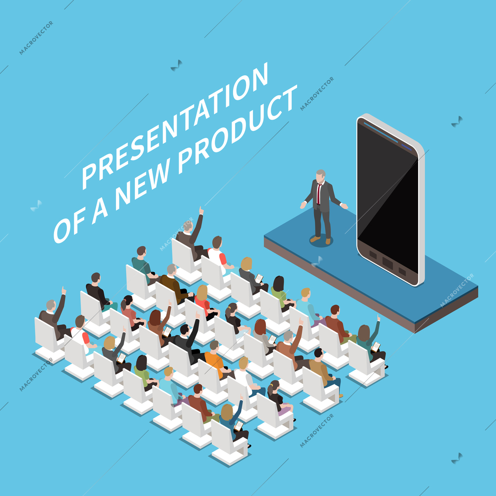 Modern conference hall presentation isometric composition with audience and new smartphone model promoter on podium vector illustration