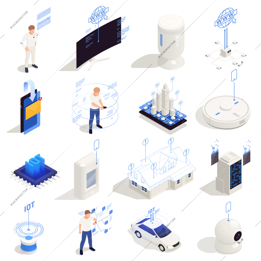 Internet of things isometric icons set of equipment support digital global network remote monitoring and control isolated vector illustration