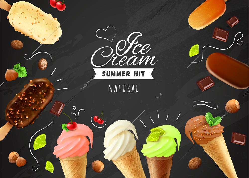 Ice cream chalkboard with frame of eskimo pies with white dark and milc varieties of chocolate glaze and waffle cones realistic vector illustration