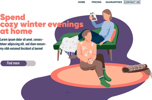 Cozy winter flat background for web site landing page with relaxing people and editable text links vector illustration