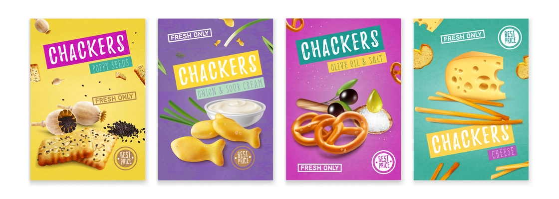 Realistic colorful posters with salty crackers with different flavours isolated vector illustration