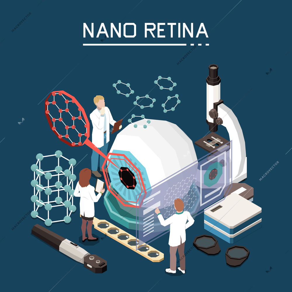 Nanotechnology medical research sight restoration for visually impaired with artificial nano retina isometric background composition vector illustration