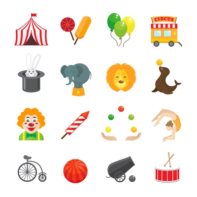 Circus caravan rabbit elephant tricks and magical hat hocus pocus performance funny color icons set isolated vector illustration