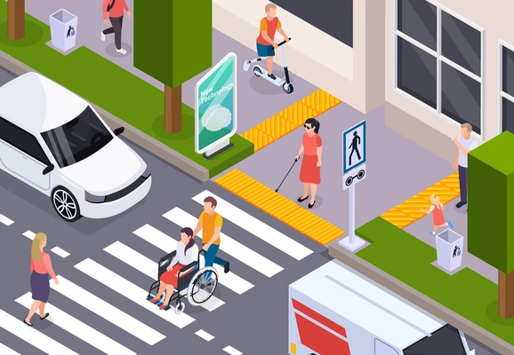 Disabled people crossing street in wheelchair and using blindness cane on tactile pavement isometric composition vector illustration