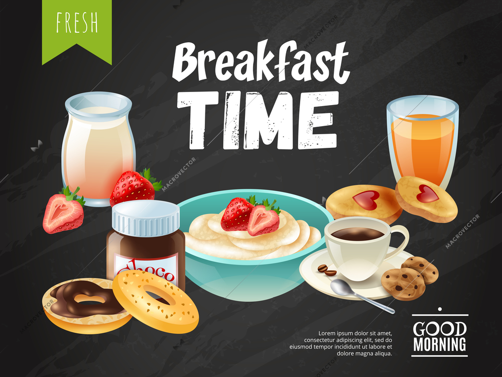 Breakfast time chalkboard with good morning wishing and healthy fresh dairy food icons vector illustration