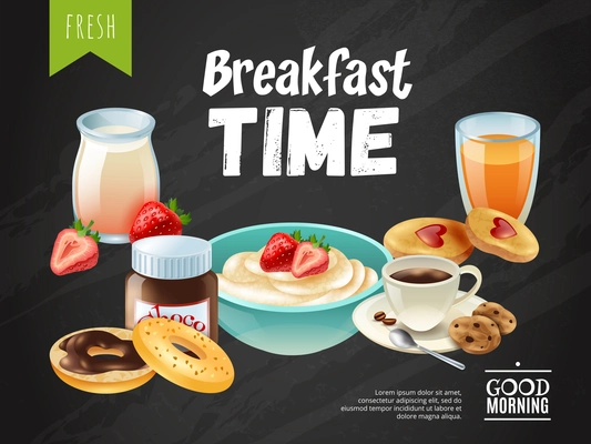 Breakfast time chalkboard with good morning wishing and healthy fresh dairy food icons vector illustration