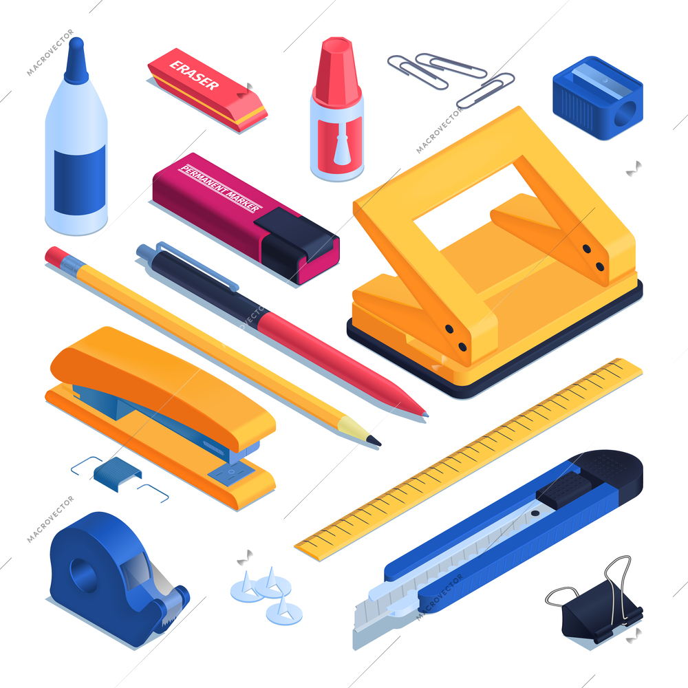 Office and school stationery set  with pen and pencil isometric isolated vector illustration