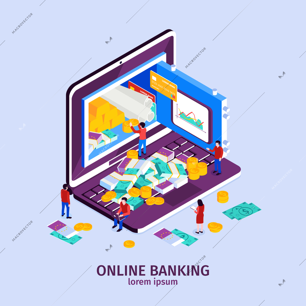 Online banking concept with modern technology symbols isometric vector illustration