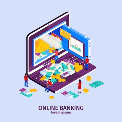 Online banking concept with modern technology symbols isometric vector illustration