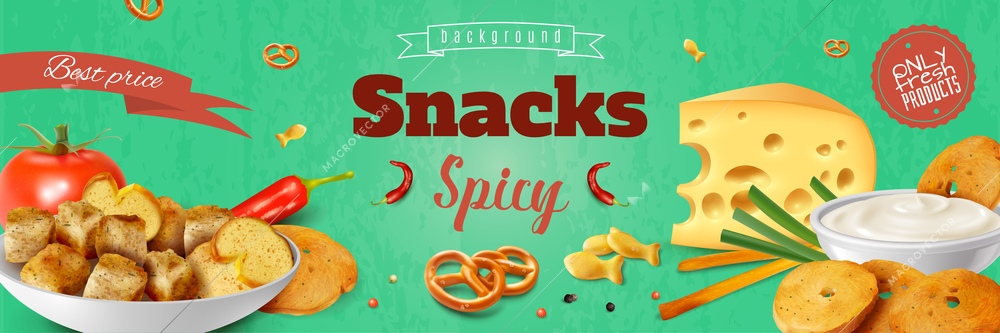 Realistic fresh spicy snacks for beer with crackers cheese and condiments horizontal poster vector illustration