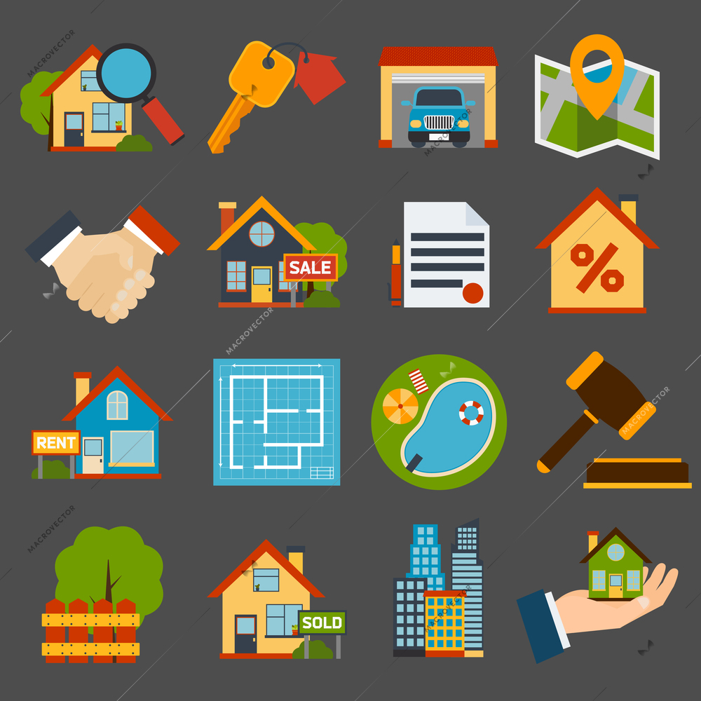 Real estate icons set of house key garage swimming pool  isolated vector illustration