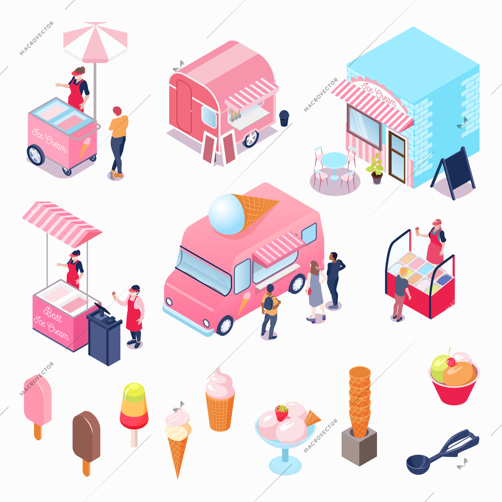 Isometric icons set with various kinds of ice cream truck vendor cafe scoop customers isolated on white background 3d vector illustration