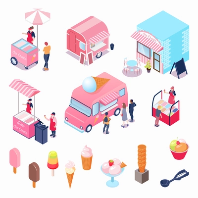 Isometric icons set with various kinds of ice cream truck vendor cafe scoop customers isolated on white background 3d vector illustration