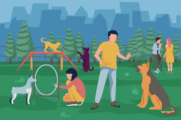People with dogs flat composition with silhouette cityscape and outdoor playground for dogs with their masters vector illustration