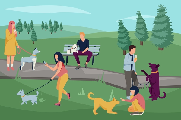 People with dogs flat composition with park outdoor landscape with trees and people walking their dogs vector illustration