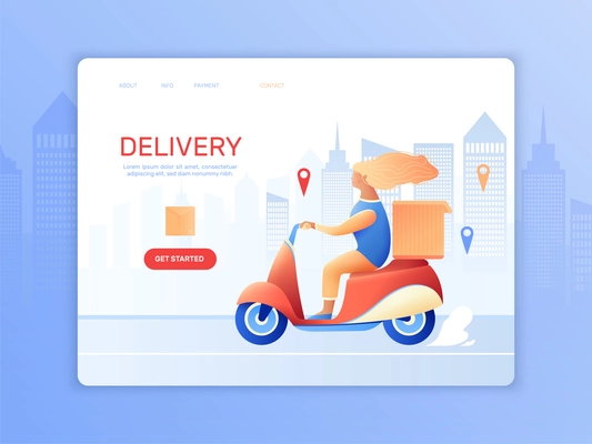 Courier delivery landing page with female character riding moped on city road to bring order vector illustration