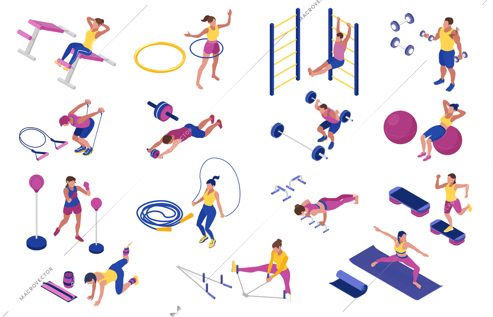 Men and women doing fitness with barbells boxing pear hoop dumbbells at home isometric icons set 3d isolated vector illustration