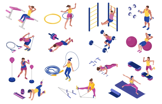 Men and women doing fitness with barbells boxing pear hoop dumbbells at home isometric icons set 3d isolated vector illustration