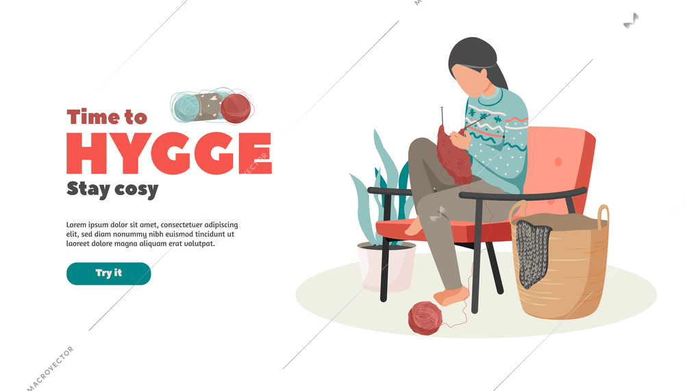 Hygge lifestyle flat background with image of knitting woman and editable text with try it button vector illustration