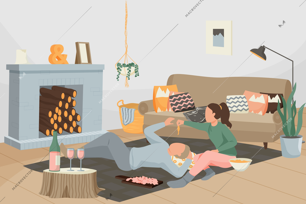 Hygge lifestyle flat composition with domestic scenery with soft furniture house plants romance and relaxing couple vector illustration