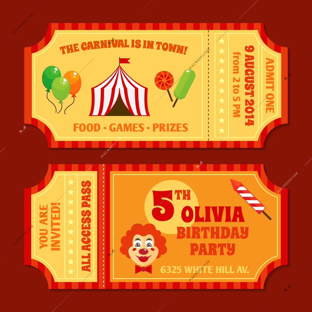 Two vintage circus tickets with clown pavilion tent balloons and candy isolated vector illustration