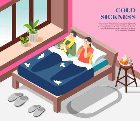 Cold sickness flu treatment isometric composition with suffering from influenza running nose couple in bed vector illustration