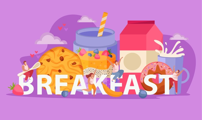 People with breakfast flat concept big abstract word and human sits on it with big spoon vector illustration