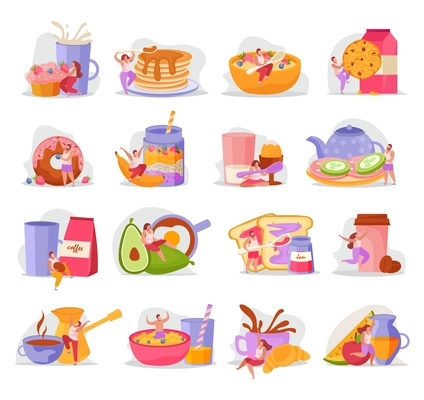 People with breakfast flat icon set with men and women sit with spoons jumping and having vector illustration