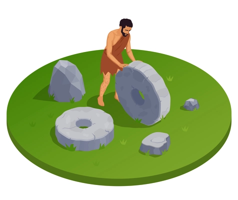 Caveman prehistoric primitive people round isometric composition with ancient human character trundling wheel made of stone vector illustration