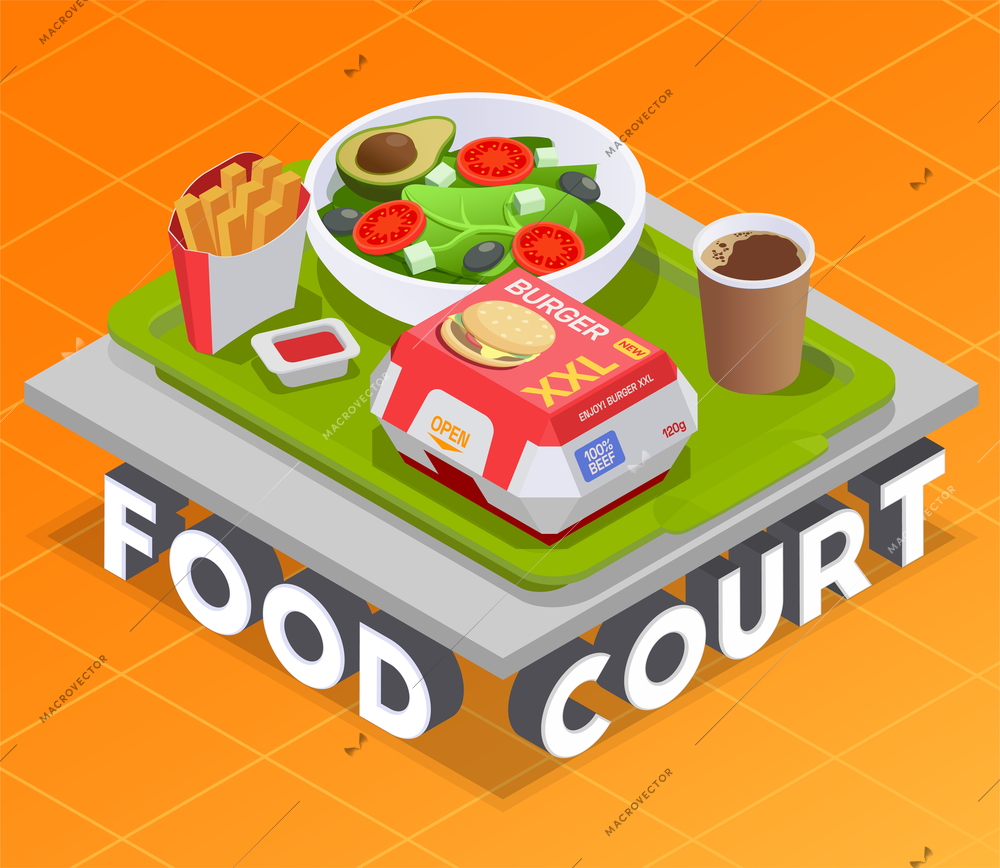 Food court isometric composition with serving platter standing on 3d text with packed meal and drinks vector illustration