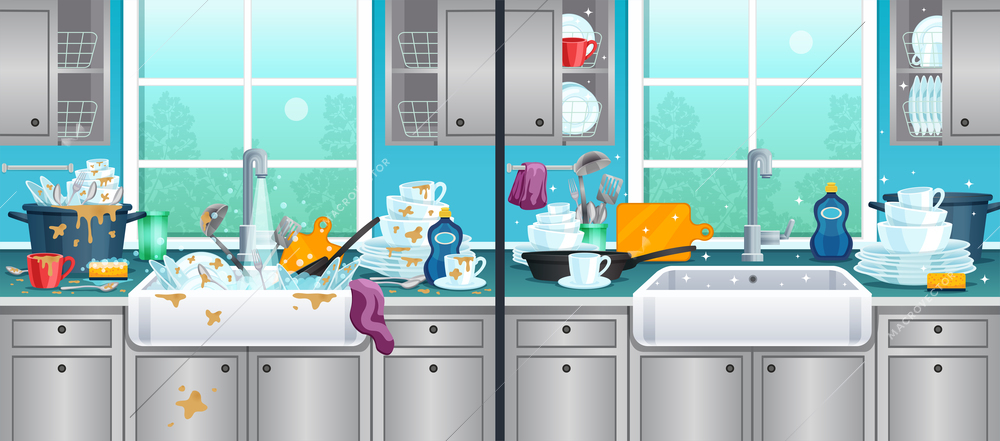 Dirty and clean kitchen background with washing dishes symbols flat vector illustration