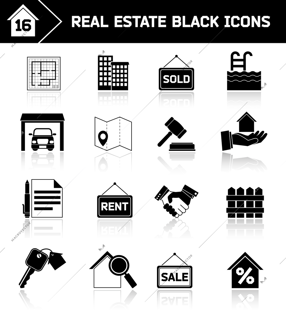 Real estate black icons set of house plan apartment valuation and choosing isolated vector illustration