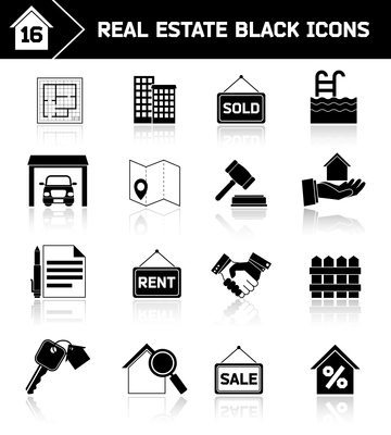 Real estate black icons set of house plan apartment valuation and choosing isolated vector illustration