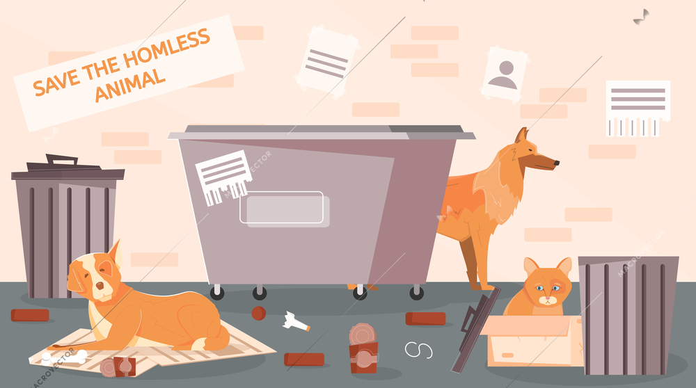 Homeless animals street flat composition with view of backstreet spot and pets surrounded by trash cans vector illustration