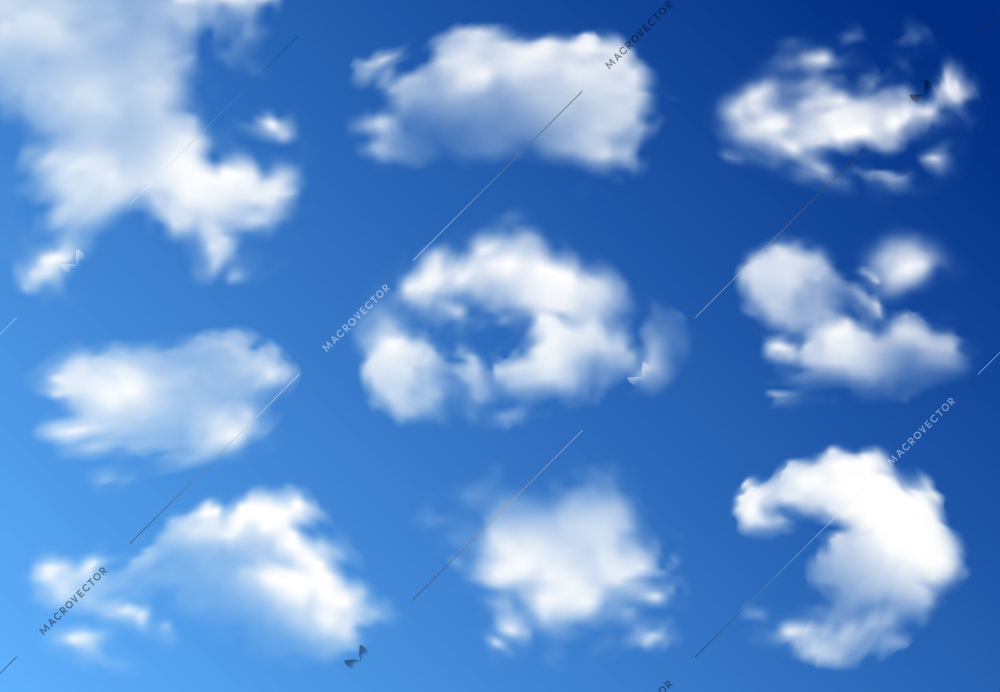 Clouds various types and shapes realistic set with stratus cumulus against cobalt blue sky background vector illustration