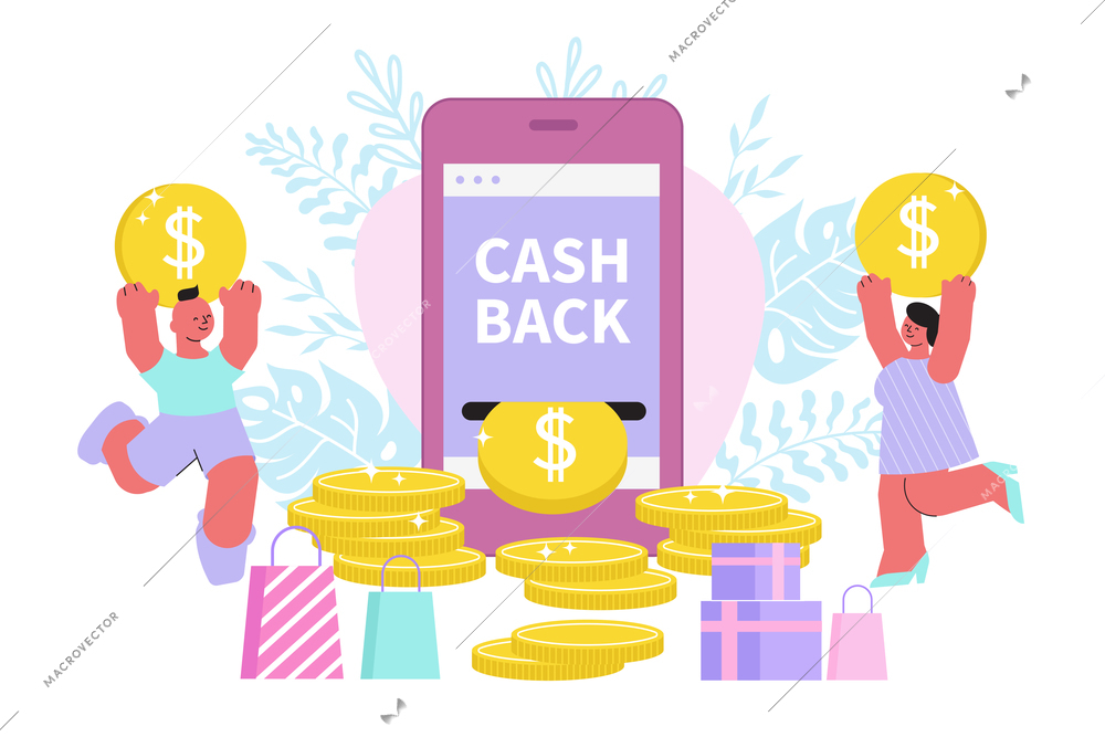 Cash back discount composition with flat human characters dancing with golden coins and touch screen smartphone vector illustration