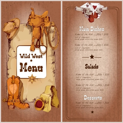 Wild west restaurant menu template with cowboy elements vector illustration