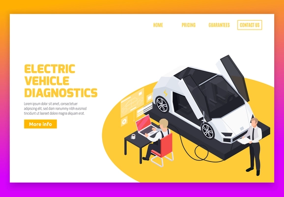 Electric vehicles operation remote diagnostic services battery charge management and rejuvenation system isometric web banner vector illustration