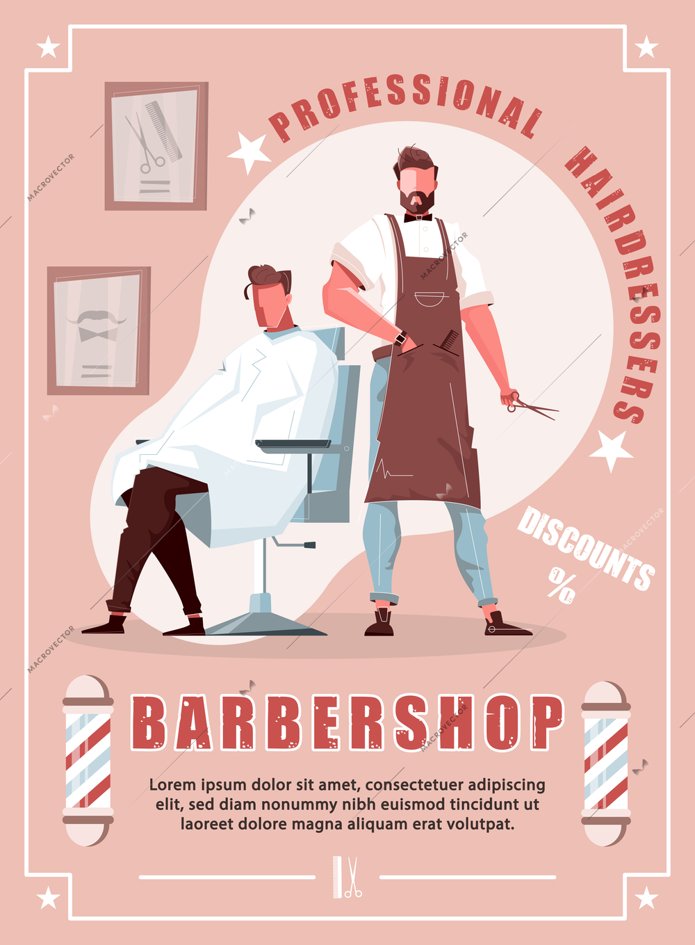 Barbershop vertical banner with discount add and professional hairdresser character making fashion haircut to male client flat vector illustration