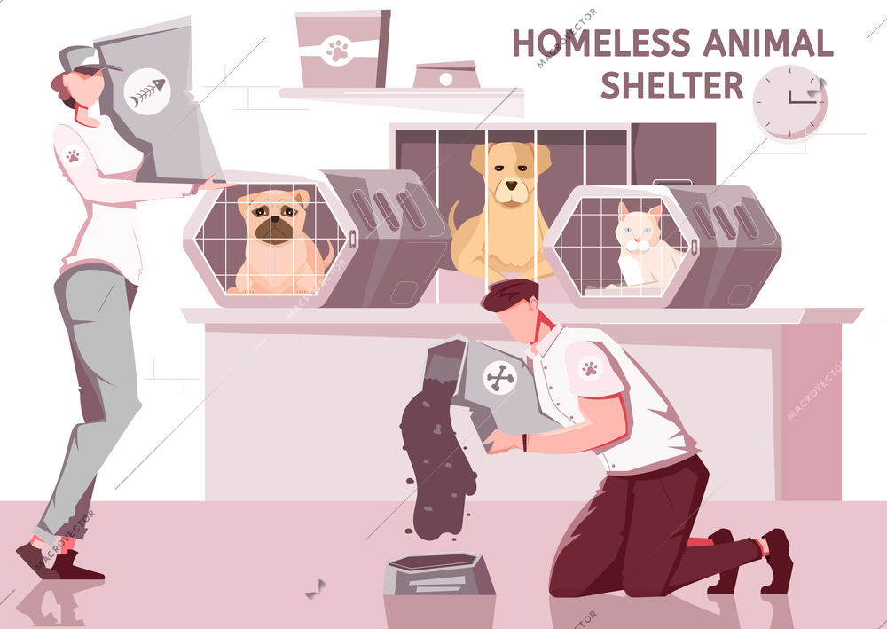 Homeless animal help flat composition with pets in cages and workers volunteers in uniform with text vector illustration